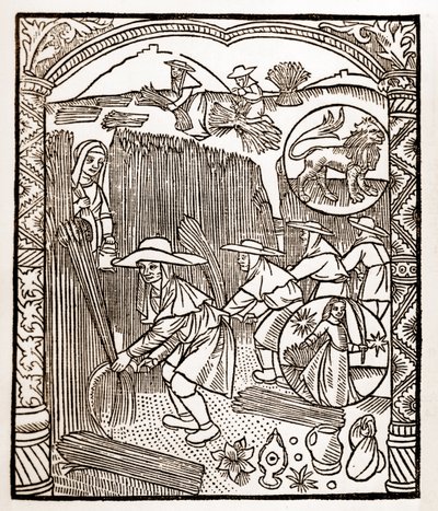 Herdekalender - Månadernas arbete - Augusti - Träsnitt från 1496 års bok tryckt av Guy Marchant (Guido Mercator) i Troyes - Trästick i "Le grand Calendrier et compost des shepherds" - av Guy Marchant