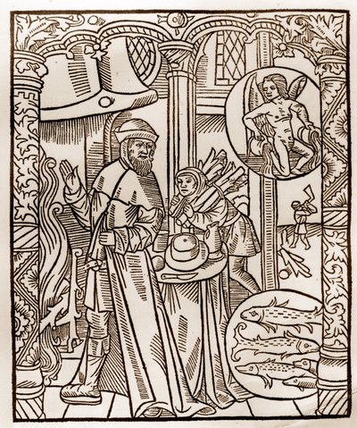Herdekalender - Månadernas arbete - Februari - Träsnitt från boken från 1496 tryckt av Guy Marchant (Guido Mercator) i Troyes - Trästick i "" Le grand Calendrier et compost des shepherds"" - av Guy Marchant