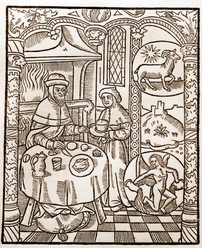Herdekalender - Månadernas arbete - Januari - Träsnitt från boken från 1496 tryckt av Guy Marchant (Guido Mercator) i Troyes - Trästick i "Le grand Calendrier et compost des shepherds" - av Guy Marchant