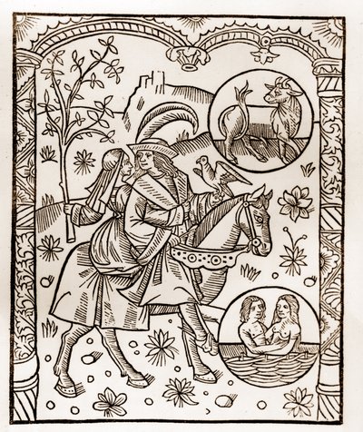 Herdekalender - Månadernas arbete - Maj - Träsnitt från boken från 1496 tryckt av Guy Marchant (Guido Mercator) i Troyes - Trästick i "Le grand Calendrier et compost des shepherds" - av Guy Marchant