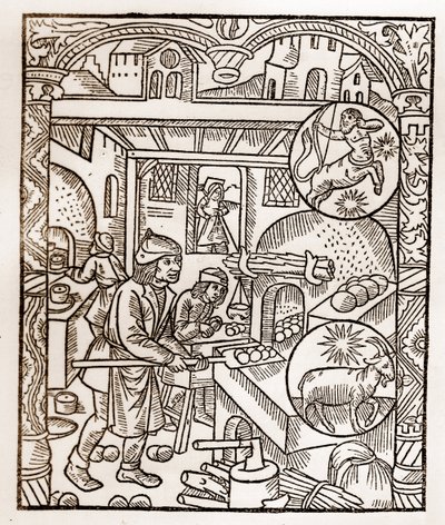 Herdekalender - Månadernas arbete - November - Träsnitt från boken från 1496 tryckt av Guy Marchant (Guido Mercator) i Troyes - Trästick i "" Le grand Calendrier et compost des shepherds"" - Brödugn - av Guy Marchant