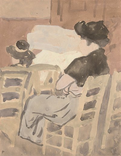En kvinna och en ung flicka i en kyrklig interiör (akvarell på papper) av Gwen John