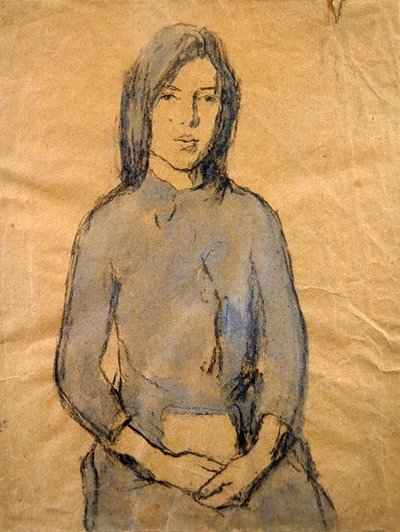 Flicka, händer som vilar i knät (penna och akvarell på papper) av Gwen John