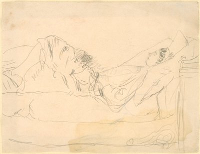 Flicka liggande på en säng (penna på papper) av Gwen John