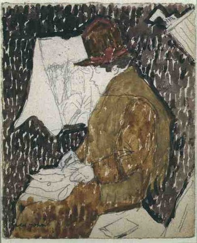Profil av en kvinna i en järnvägsvagn (akvarell på papper) av Gwen John