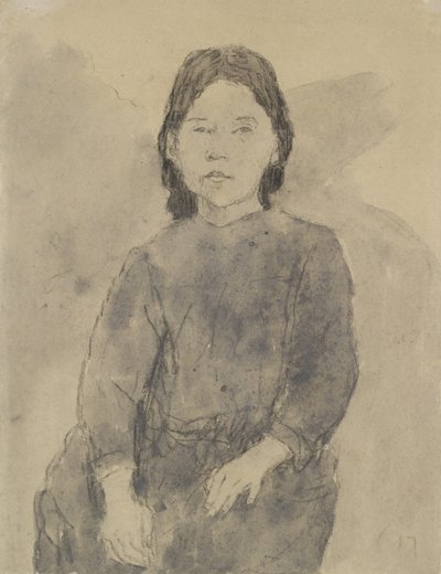 Sittande tjej (Marie Hamonet?) (kol, grå tvätt & kroppsfärg på grått papper) av Gwen John
