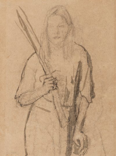 Stående tjej med trästolpe i handen (penna & tvätt på papper) av Gwen John
