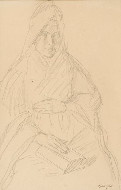 Studie för Mere Poussepin sittande vid ett bord, ca 1915 av Gwen John
