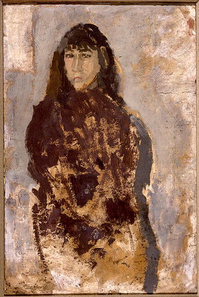 Studie av en ung kvinna i en mullbärsklänning (olja på papper monterad på duk) Mu av Gwen John