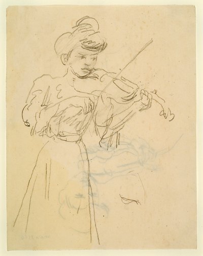Kvinna som står och spelar violin (blyerts på papper) av Gwen John