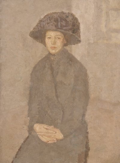 Ung kvinna som bär en stor hatt, ca 1917-25 (olja på duk nedlagd ombord) av Gwen John