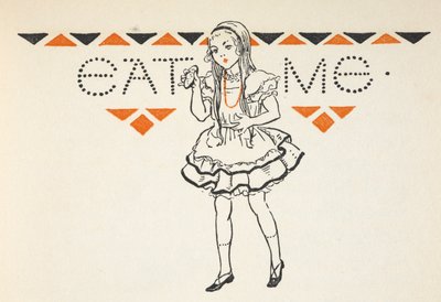 Illustration av Alice med en liten tårta med texten "Eat Me". av Gwynedd M. Hudson