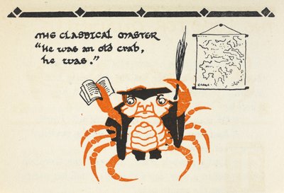 Illustration av en krabba utklädd till lärare med bok och piska av Gwynedd M. Hudson