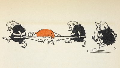 Illustration av två igelkottar som bär en skadad krocketspelare och följs av en annan gråtande igelkott. av Gwynedd M. Hudson