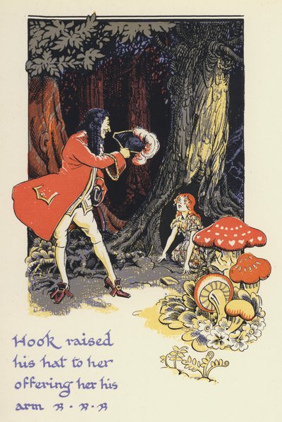 Peter Pan och Wendy: Hook lyfte sin hatt mot henne och erbjöd henne sin arm (färg litho) av Gwynedd M. Hudson