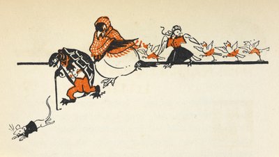 Olika djur från Caucus Race, bland annat en mus, en sköldpadda, en korp och kycklingar. av Gwynedd M. Hudson