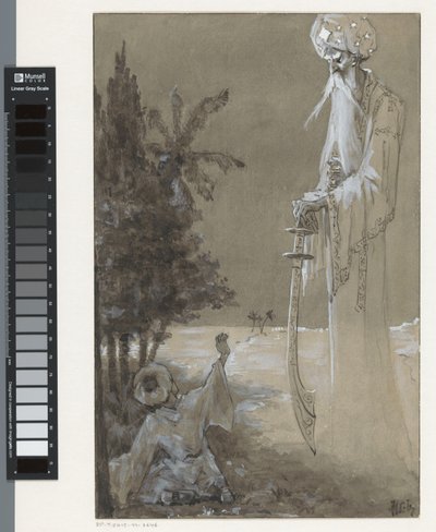 Lång man med skägg ser ner på en sittande pojke av H.C. Louwerse (signed by artist)