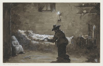 Man knäböjer vid en kvinnas säng av H.C. Louwerse (signed by artist)