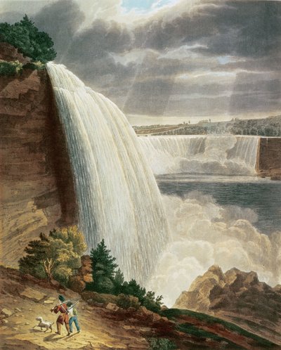 Niagarafallen, del av det amerikanska fallet från trappans fot, graverad av J. Hill, utgiven av H.L.Megarcy (färggravyr) av H.J. Bennett