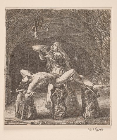 Sigyn håller skålen mellan ormen och Loke av H. C. Henneberg