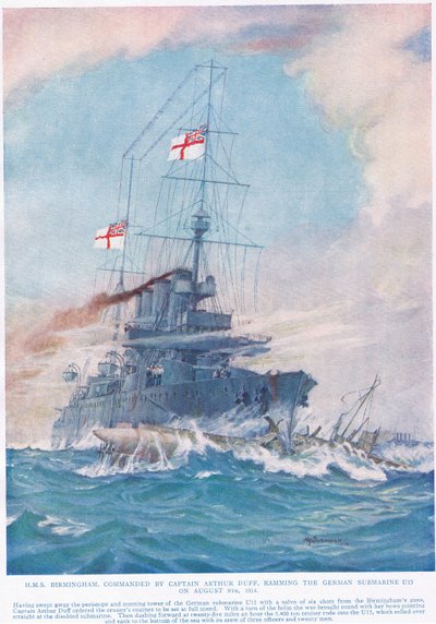 HMS Birmingham under befäl av kapten Arthur Duff, rammade den tyska ubåten U15 den 9 augusti 1914, illustration från 