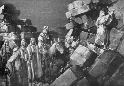 Nehemja undersöker Jerusalems murar, 444 f.Kr (litografi) av H. M. (after) Burton