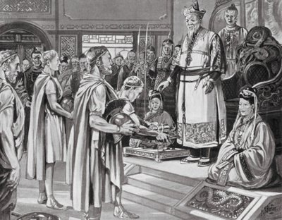 Den kinesiske kejsaren tar emot ett uppdrag (litografi) av H. M. (after) Burton