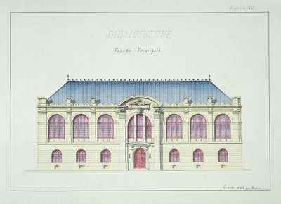 Huvudfasad av ett bibliotek, plåt XII från en folio av mönster, c.1870 av H. Monnot