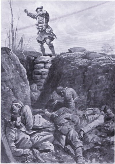 Menig Brown (Gordon Highlander) bombar fienden i ett tyskt skyttegrav från toppen av en barrikad. (litho) av H. Ripperger