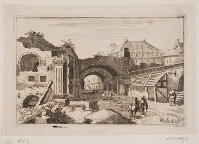 Stadsinredning med ruiner av klassiska byggnader av H. Rosenkilde
