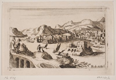 Kuperat kustlandskap med orientaliska byggnader av H. Rosenkilde