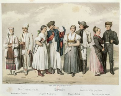 Dräkter av bönder från (L till R) Rumänien, Ungern, Slovakien och Tyskland, från 