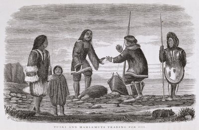 Tuski och Mahlemuts Trading for Oil, från "Alaska och dess resurser", av William H. Dall, graverad av John Andrew, pub. 1870 av H. W., Elliot