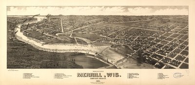 Fågelperspektiv av Merrill, Wis. county seat Lincoln Co. 1883. LOC 75696715 av H. Wellge