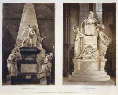 Tombs of the Duke of Argyll och Lord Mansfield, skylt 56 från Westminster Abbey, graverad av Williamson och Thomas Sutherland, pub. av Rudolph Ackermann (1764-1834) 1811 (akvatint) av H. after Villiers