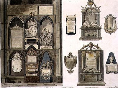 West Side of Poets Corner, skylt 25 från Westminster Abbey, graverad av puben J. Bluck (fl.1791-1831). av Rudolph Ackermann (1764-1834) 1811 (akvatint) av H. after Villiers