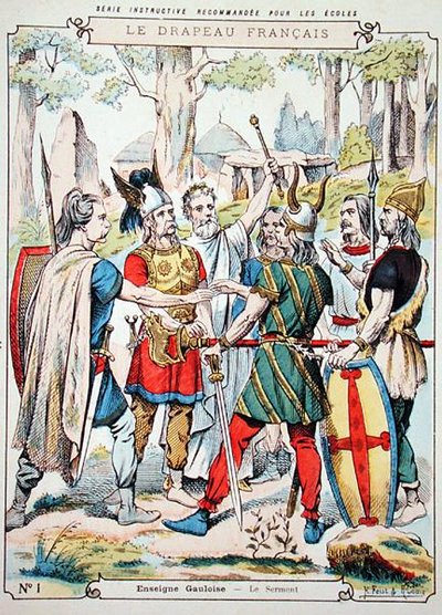 Galliska krigare som svär en ed, från ett skyddsfodral för skolböcker, sent 1800-tal (färg litho) av H. and Louis R. Feist