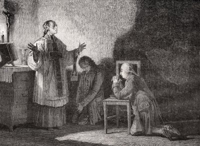 Ludvig XVI (1754-93) vid bön före hans avrättning av H. de la Charlerie