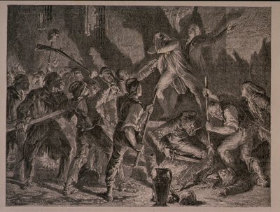 Massakern i fängelserna i september 1792, graverad av Jean-Baptiste Charles Carbonneau (f.1815) av H. de la Charlerie