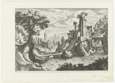 Landskap med en flod och ruin av H. van Schuppen
