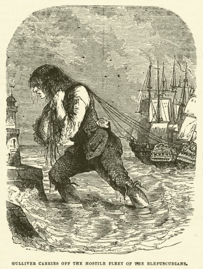 Gulliver bär bort Blefuscudians fientliga flotta (gravyr) av after Hablot Knight Browne