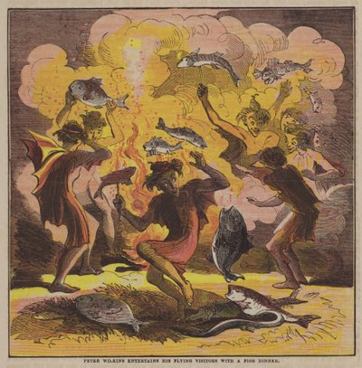 Peter Wilkins underhåller sina flygande besökare med en fiskmiddag (färg litho) av after Hablot Knight Browne