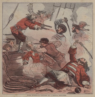 Peter Wilkins fångas av en fransk kapare (färg litho) av after Hablot Knight Browne