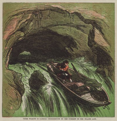 Peter Wilkins förs under jorden av strömmen till Inlandsjön (färg litho) av after Hablot Knight Browne