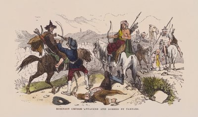 Robinson Crusoe attackerad och rånad av tartarer (färgad gravyr) av after Hablot Knight Browne