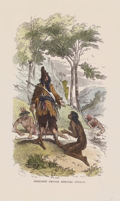 Robinson räddar fredagen (färgad gravyr) av after Hablot Knight Browne