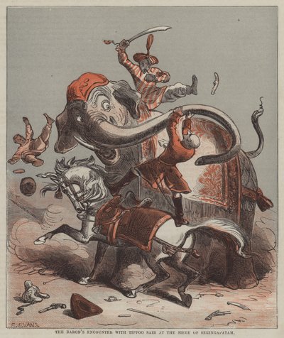 Baronens möte med Tippoo Saib vid belägringen av Seringapatam (färg litho) av after Hablot Knight Browne