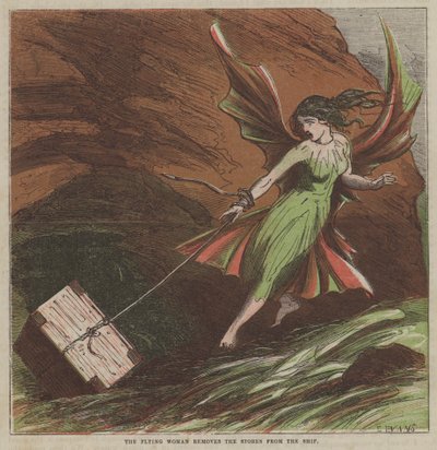 Den flygande kvinnan tar bort förråden från skeppet (färg litho) av after Hablot Knight Browne
