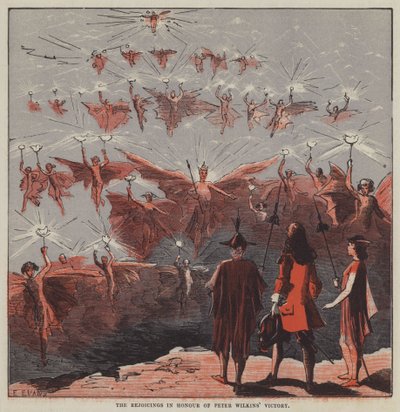 Glädjen till ära av Peter Wilkins seger (färg litho) av after Hablot Knight Browne