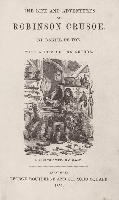 Titelsida för The Life and Adventures of Robinson Crusoe (färgad gravyr) av after Hablot Knight Browne